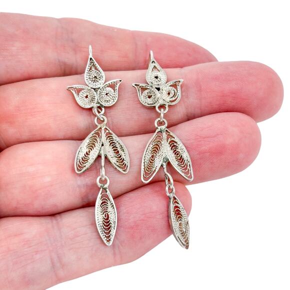 Vintage Sterling Silver 925 Filigree Canetille Wirework Dangle Earrings - Picture 1 of 7